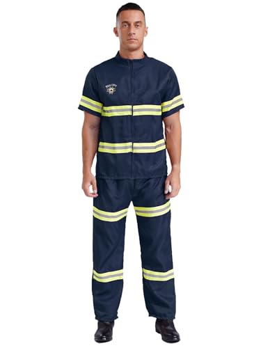 Sxiwei Feuerwehrmann Kostüm für Herren Kurzarm Reflektierende Uniform Shirt mit Mütze Party Verkleidungsset Navy blau S von Sxiwei