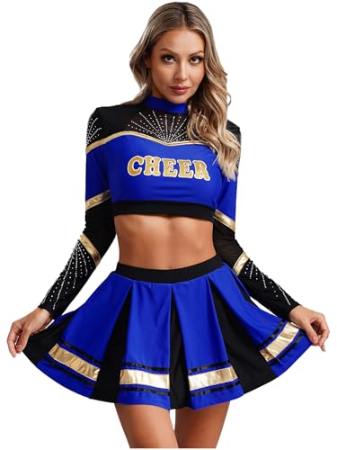 Sxiwei Frauen Cheerleading Langarm Pailletten Crop Top mit Faltenrock Set Tanz Karneval Halloween Kostüm Blau XXL Sxiwei Frauen Cheerleading Langarm Pailletten Crop Top mit Faltenrock Set Tanz Karneval Halloween Kostüm Blau XXL von Sxiwei