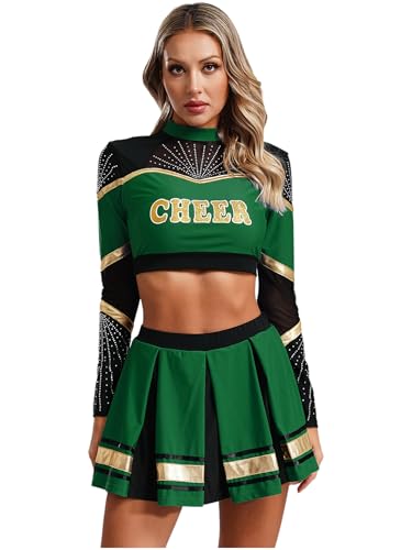 Sxiwei Frauen Cheerleading Langarm Pailletten Crop Top mit Faltenrock Set Tanz Karneval Halloween Kostüm Grün XXL Sxiwei Frauen Cheerleading Langarm Pailletten Crop Top mit Faltenrock Set Tanz Karneval Halloween Kostüm Grün XXL von Sxiwei