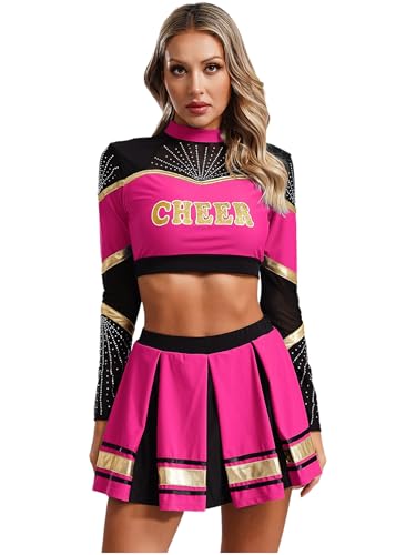 Sxiwei Frauen Cheerleading Langarm Pailletten Crop Top mit Faltenrock Set Tanz Karneval Halloween Kostüm Hot Pink XXL Sxiwei Frauen Cheerleading Langarm Pailletten Crop Top mit Faltenrock Set Tanz Karneval Halloween Kostüm Hot Pink XXL von Sxiwei