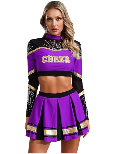 Sxiwei Frauen Cheerleading Langarm Pailletten Crop Top mit Faltenrock Set Tanz Karneval Halloween Kostüm Violett XXL Sxiwei Frauen Cheerleading Langarm Pailletten Crop Top mit Faltenrock Set Tanz Karneval Halloween Kostüm Violett XXL von Sxiwei