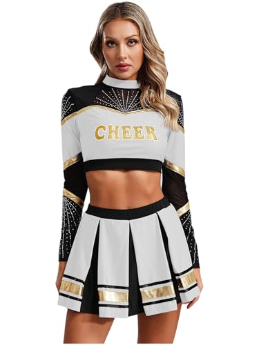 Sxiwei Frauen Cheerleading Langarm Pailletten Crop Top mit Faltenrock Set Tanz Karneval Halloween Kostüm Weiß XXL Sxiwei Frauen Cheerleading Langarm Pailletten Crop Top mit Faltenrock Set Tanz Karneval Halloween Kostüm Weiß XXL von Sxiwei