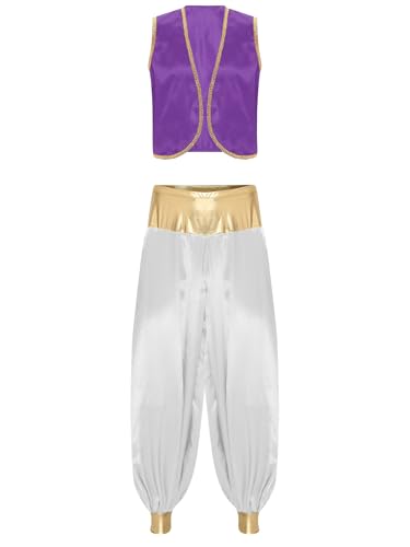 Sxiwei Herren Festliche Arabischer Prinz Set Ärmellose Weste Tops + Hose Glänzende Sultan Erwachsenenkostüm Dunkellila und Weiß XL Sxiwei Herren Festliche Arabischer Prinz Set Ärmellose Weste Tops + Hose Glänzende Sultan Erwachsenenkostüm Dunkellila und Weiß XL von Sxiwei