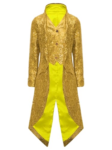 Sxiwei Kinder Junge Mittelalter Viktorianische Jacke Pailletten Langarm Steampunk Frack Mantel Viktorianischen Retro Kleidung Gold 122-128 von Sxiwei