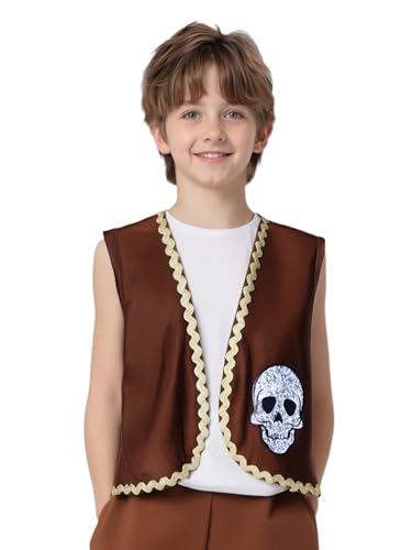 Sxiwei Kinder Jungen Piratenkostüm Offen Front Jacket mit Skelettknochen Druck Kurz Shirts Steampunk Gothic Mantel Braun 146-152 Sxiwei Kinder Jungen Piratenkostüm Offen Front Jacket mit Skelettknochen Druck Kurz Shirts Steampunk Gothic Mantel Braun 146-152 von Sxiwei