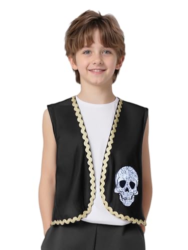 Sxiwei Kinder Jungen Piratenkostüm Offen Front Jacket mit Skelettknochen Druck Kurz Shirts Steampunk Gothic Mantel Schwarz 122-128 von Sxiwei