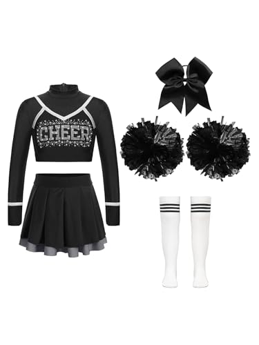 Sxiwei Kinder Mädchen Cheer Leader Kostüm Langarm Crop Top und Faltenrock mit Zubehör Set Karneval Fasching Party Kostüm Schwarz 170 von Sxiwei