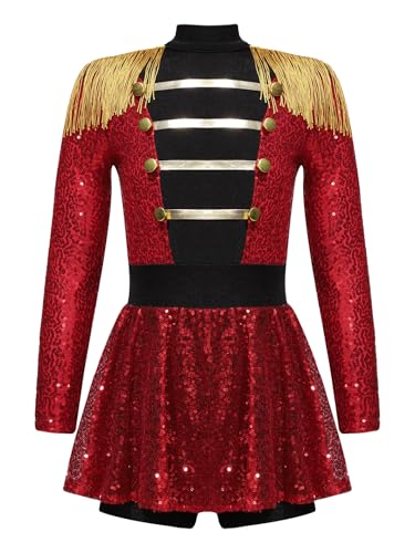 Sxiwei Kinder Mädchen Zirkus Tanz Kostüm Langarm Quaste Jumpsuit Pailletten Zirkusdirektor Kleid Cosplay Fasching Karneval Kostüm Rot 146-152 von Sxiwei