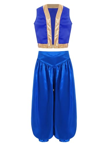Sxiwei Kinderkostüm Jungen Arabischer Prinz Cospaly Set Ärmellos Weste mit Satin Bloomers Show Karnevals Outfit Blau 158-164 von Sxiwei