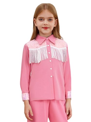 Sxiwei Mädchen Cowgirl Kostüm Westliche Fransenjacke Langarm Bluse Party Shirt Hippie Hemdbluse Faschingskostüme Rosa 170 von Sxiwei