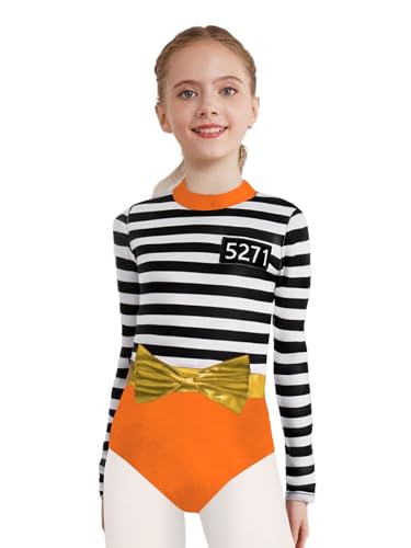 Sxiwei Mädchen Gefangene Streifen Kostüm Langarm Insasse Uniform Einheitliche Jumpsuit Gefangenenkostüm für Fasching Orange 110-116 von Sxiwei