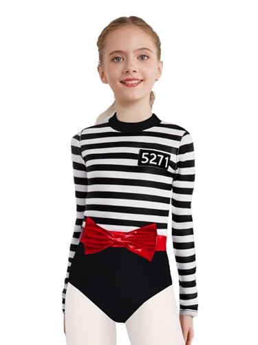 Sxiwei Mädchen Gefangene Streifen Kostüm Langarm Insasse Uniform Einheitliche Jumpsuit Gefangenenkostüm für Fasching Schwarz 122-128 von Sxiwei
