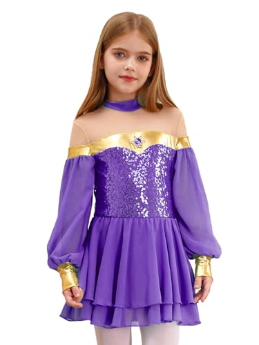 Sxiwei Mädchen Prinzessin Kostüm Laternenärmel Tutu Ballett Tanzkleid Trikot Arabisch Pailletten Tanzbody Halloween Fasching Violett 170 von Sxiwei