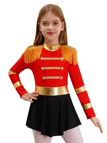Sxiwei Mädchen Zirkusdirektor Kostüm Langarm Fransen Jumpsuit kleid Zirkus Uniform Tanzkostüm Halloween Weihnachten Karneval Rot 146-152 von Sxiwei