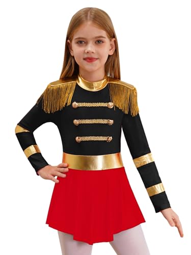 Sxiwei Mädchen Zirkusdirektor Kostüm Langarm Fransen Jumpsuit kleid Zirkus Uniform Tanzkostüm Halloween Weihnachten Karneval Schwarz 134-140 von Sxiwei