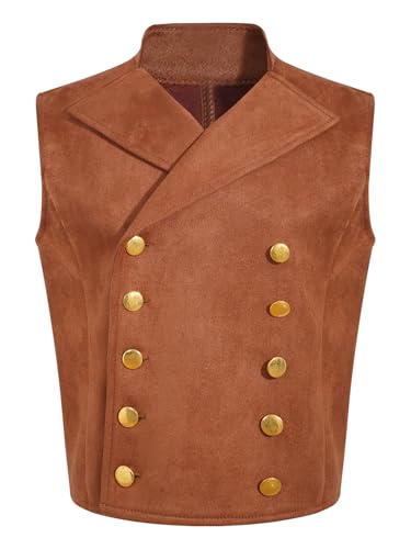 Sxiwei Mittelalter Weste Jungen Kinder Viktorianisch Prinz Kurz Jacket Ärmellos Gothic Steampunk Zweireiher Weste Braun 122-128 von Sxiwei