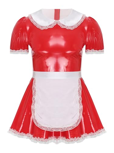 Sxiwei Sissy Kleid Herren Kurzarm Rüschen Dienstmädchen Kostüm A-Linie Maid Uniform Halloween Party Clubwear Rot XXL von Sxiwei