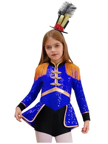 Sxiwei Zirkus Kostüm Kinder Mädchen Trommler Cosplay Kleid Langarm Fransen Bodysuit mit Hat Zubehör Für Fasching Karneva Königsblau A 170-176 von Sxiwei
