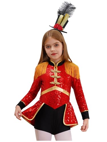 Sxiwei Zirkus Kostüm Kinder Mädchen Trommler Cosplay Kleid Langarm Fransen Bodysuit mit Hat Zubehör Für Fasching Karneva Rot A 146-152 von Sxiwei