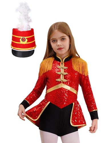 Sxiwei Zirkus Kostüm Kinder Mädchen Trommler Cosplay Kleid Langarm Fransen Bodysuit mit Hat Zubehör Für Fasching Karneva Rot B 170-176 von Sxiwei