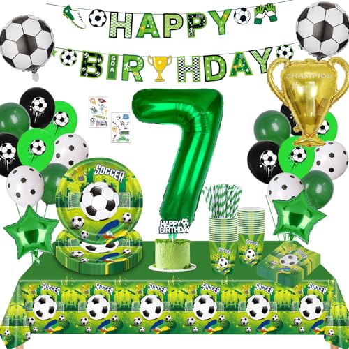 Fussball Geburtstag Deko 7 Jahre,Fussball Partygeschirr Set, Fußball Luftballon 7. Geburtstag,Geburtstagsdeko Jungen 7 Jahre,Pappteller Tischdecke für Fussball Party Kindergeburtstag 16 Gäste von Sxzgea