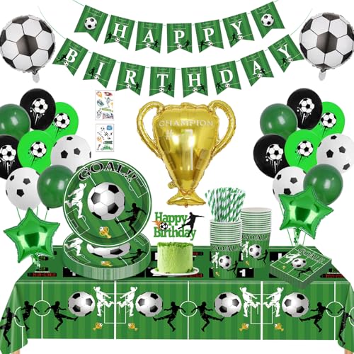 Fussball Partygeschirr Set,Fussball Geburtstag Deko,Kindergeburtstag Deko,Geburtstag Party Geschirr mit Luftballons Servietten für Kindergeburtstag16 Gäste von Sxzgea