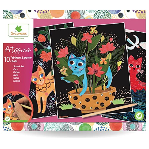Sycomore CREA013 Artissimo- Scratch Art Design-Katzen-Basteln für Kinder-Ab 4 Jahren-Sycomore-CREA013, Mehrfarben von Sycomore