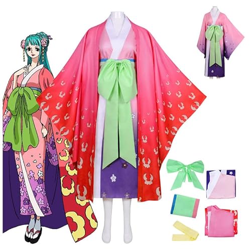 Syedeliso Anime Kozuki Hiyori Cosplay Kostüm Kimono Halloween Karneval Ball Uniform Rosa Druck Anzug Mantel Rock Bogen Gürtel (Rot,L) von Syedeliso