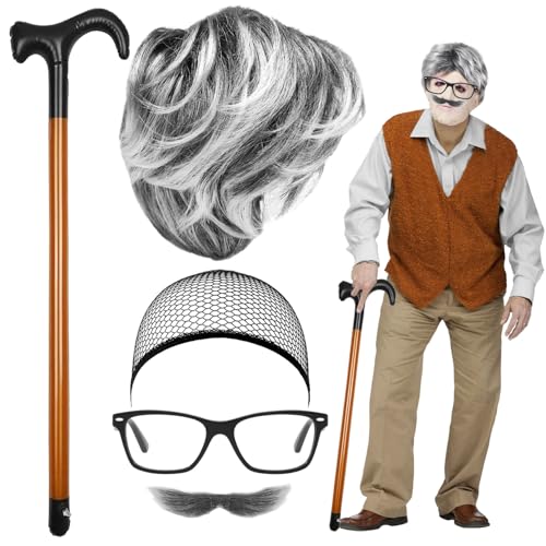 5 Stück Opa Kostüm Set Rentner Kostüm Perücke Herren Schnurrbart zum Ankleben Wig Cap Opa Brille Aufblasbarer Spazierstock Alter Mann Cosplay Kostüm Set Cosplay Zubehör für Halloween Karneval Party 5 Stück Opa Kostüm Set Rentner Kostüm Perücke Herren Schnurrbart zum Ankleben Wig Cap Opa Brille Aufblasbarer Spazierstock Alter Mann Cosplay Kostüm Set Cosplay Zubehör für Halloween Karneval Party von Syhdfxknp