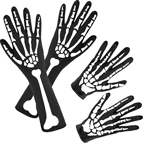 2 Paar Skelett Handschuhe Vollfinger Skelett Handschuhe Schwarz Lange Arm Hand Skelett Handschuhe für Kinder Herren Damen Halloween Kostüm Zubehör von Syhood