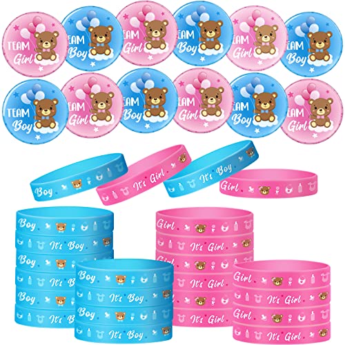 48 Stück Gender Reveal Spiel Set mit 24 Geschlecht Offenbaren Anstecknadeln 24 Geschlecht Verkünden Silikon Armbänder Rosegold Team Girl Boy für Baby Party (Blau, Rosa, Bär) von Syhood