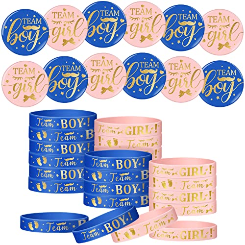 48 Stück Gender Reveal Spiel Set mit 24 Geschlecht Offenbaren Anstecknadeln 24 Geschlecht Verkünden Silikon Armbänder Rosegold Team Girl Boy für Baby Party (Marineblau, Rosa, Fußabdruck) von Syhood