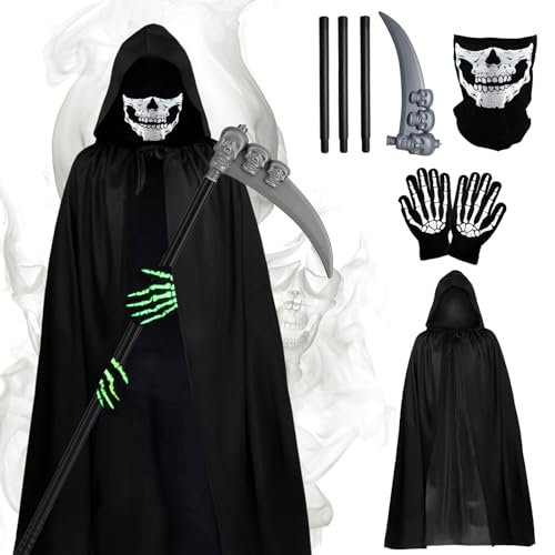 4Pcs Halloween sensenmann kostüm,Sensenmann Kostüm mit Schädelmaske, Sense, Skelett Handschuhe, Halloween Umhang, Sensenmann Umhang mit Kapuze, Vampir Umhang, Halloween Dekoration Cosplay（Erwachsene） von Sykerout