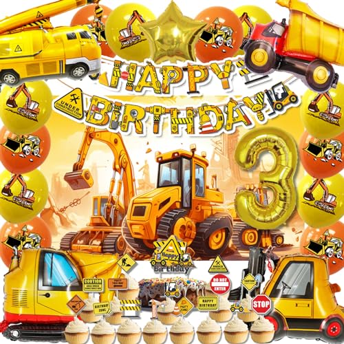 Geburtstagsdeko 3 Jahre Junge Bagger, Gold Folienballon Bagger xxl, Bagger Party Deko Kindergeburtstag 3 Jahre, Bagger Luftballons 3 Jahre mit Tortendeko und Banner (Bagger Geburtstag Deko 3 Jahre) von Sudsty
