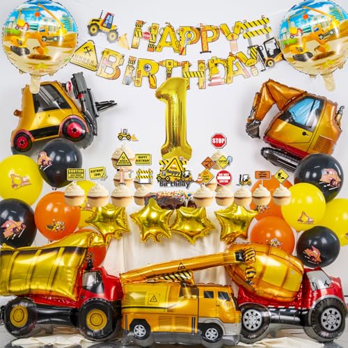 Gold Bagger Geburtstag Deko 1 Jahr, Folienballon Bagger xxl, Bagger Party Deko Kindergeburtstag 1 Jahr, Bagger Luftballons 1 Jahr mit Tortendeko und Banner (Geburtstagsdeko 1 Jahr Junge Bagger) von Sylphlikeoniric