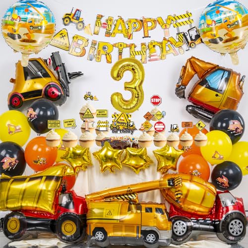 Gold Bagger Geburtstag Deko 3 Jahre, Folienballon Bagger xxl, Bagger Party Deko Kindergeburtstag 3 Jahre, Bagger Luftballons 3 Jahre mit Tortendeko und Banner (Geburtstagsdeko 3 Jahre Junge Bagger) von Sylphlikeoniric