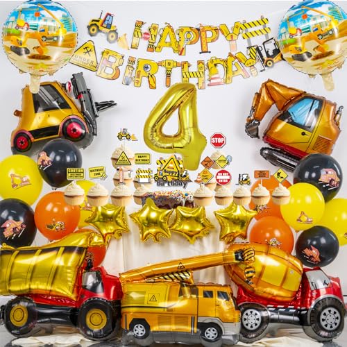 Gold Bagger Geburtstag Deko 4 Jahre, Folienballon Bagger xxl, Bagger Party Deko Kindergeburtstag 4 Jahre, Bagger Luftballons 4 Jahre mit Tortendeko und Banner (Geburtstagsdeko 4 Jahre Junge Bagger) von Sylphlikeoniric