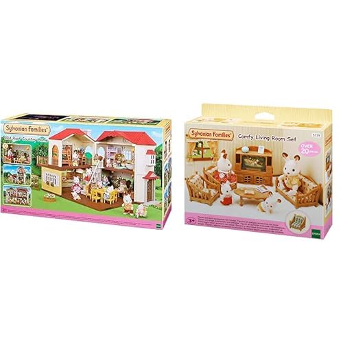 Sylvanian Families 5480 Stadthaus mit Licht - Puppenhaus, 21.5 x 58 x 34.5 cm & 5339 Landhaus Wohnzimmer - Puppenhaus Einrichtung Möbel, 30 x 50 cm von Sylvanian Families