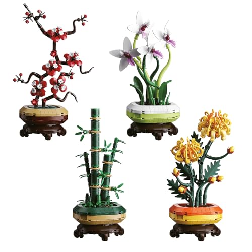4 Pack Pflanzen Bonsai Bausteine(1209 Stück), DIY Pflaumenblüte, Orchidee, Bambus & Chrysantheme Künstliche Blumen Klemmbausteine für Tisch Centerpieces, Geburtstagsgeschenk für Kinder im Alter von 6+ von SymGrpu