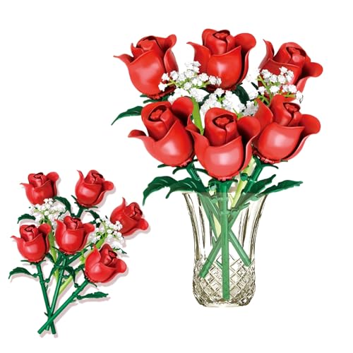 Blumenstrauß Bausteine Bausatz, Rote Rosen Botanische Sammlung Klemmbausteine, Künstliche Blumen für Zuhause Büro Dekoration & Geschenke für Frauen Mädchen Sie (336 Stück) von SymGrpu