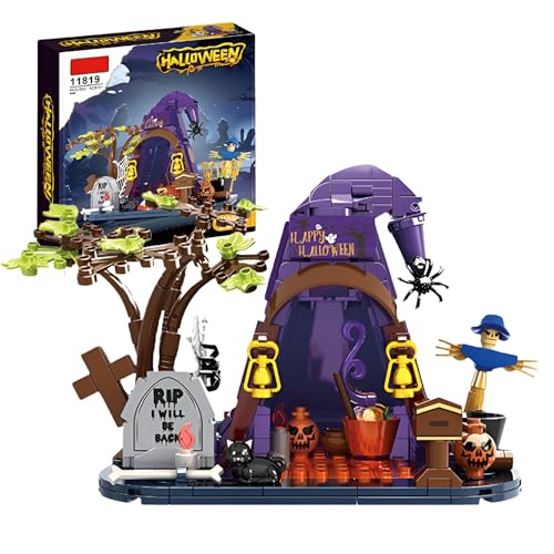 Halloween Haunted Tent Bausteine Bausatz (384 Teile), Gruseliges Geisterhaus-Klemmbausteine mit Kürbis, Schwarzer Katze und Vogelscheuche, Halloween-Dekoration, Geschenk für Kinder ab 6 Jahren von SymGrpu