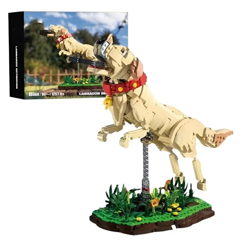 Labrador Retriever Klemmbausteine mit Sockel, Hund jagt Frisbee Szene Bausteine Bausatz Spielzeug, Tiere Bau Modell für Heimbüro Dekoration, Kreative Geschenk für Erwachsene Kinder (1257 Stücke) von SymGrpu