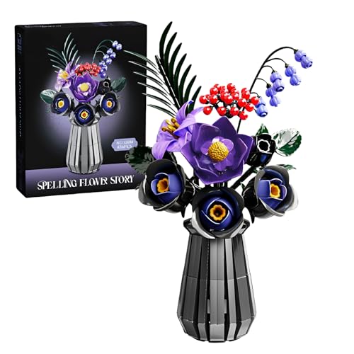 Lila Schwarze Rosen Blumen Blumenstrauß Bausteine(836 Stück), DIY Künstliche Gotische Rosen mit Vase, Valentinstag Geburtstag Weihnachten Geschenk für Frauen, Freundin & Pflanzenliebhaber, Home Decor von SymGrpu