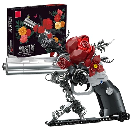 Revolver-Rosen-Blumenstrauß Klemmbausteine, Gotische Pistole Blumen-Bausteine, DIY-Botanik-Pistolen Modell für Erwachsene, Halloween-Wohnungs Dekor, Dark-Fantasy-Geschenk für Teenager (631 Teile) von SymGrpu