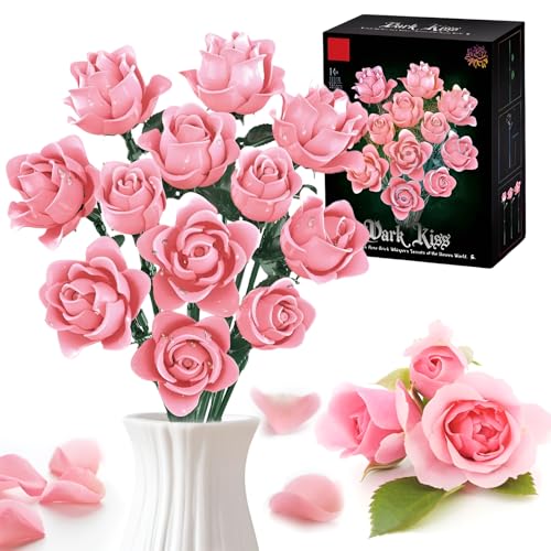 Rosa Rosenstrauß Bausteine Bausatz für Erwachsene, Blumen Botanische Kollektion Klemmbausteine Spielzeug, Künstliche Blumen für Heimbüro Dekoration, Geschenk für Sie Frauen Erwachsene (585 Teile) von SymGrpu