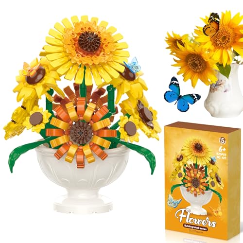 Sonnenblumen Bonsai Bausteine Bausatz mit Insekten, DIY Botanische Sammlung Pflanze Topf Klemmbausteine Spielzeug, Künstliche Blumen für Dekor, Geschenk für Erwachsene Kinder(469 Stück) von SymGrpu