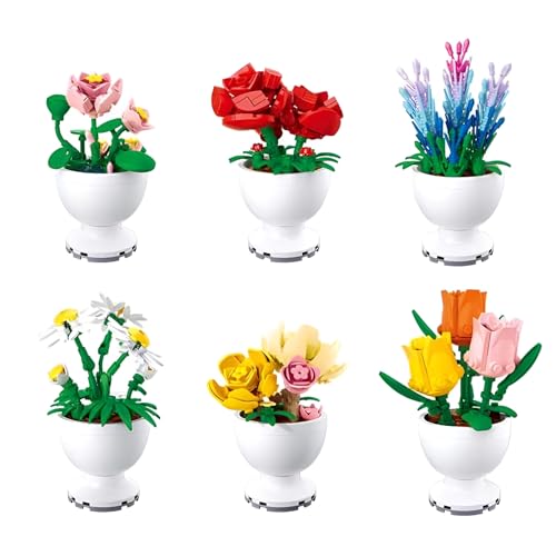 SymGrpu 6er Set Mini Blumen Bonsai Klemmbausteine, Rosen Tulpen Blumenstrauß Botanische Kollektion Bauspielzeug, Kreative Künstliche Blumen Bausteine Set für Zuhause Büro Dekoration von SymGrpu