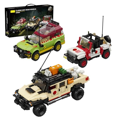 SymGrpu Dinosaurier-Welt-Geländewagen-Bausteine, 3 Modelle Dino-Film-Sammlerauto-Klemmbausteine Modell, Kreative Tischdekoration und Geschenk für Erwachsene und Kinder ab 8 Jahren (1632 Teile) von SymGrpu