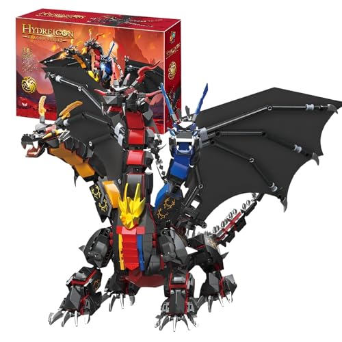 SymGrpu Dunkler Dreiköpfiger Drache Bausteine Bausatz (1400 Teile), Modell Spielzeug aus der Dragon-Serie mit beweglichen Flügeln und Pose, Premium-Geschenk für Erwachsene Teenager ab 14 Jahren von SymGrpu