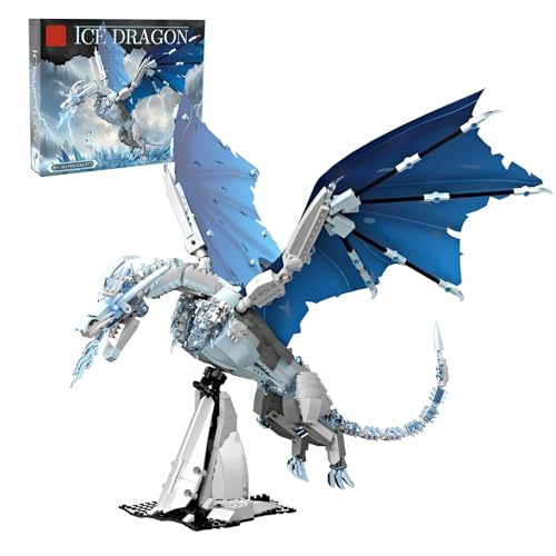 SymGrpu Eisdrachen Bausteine Bausatz Set mit Stützfuß, Kreatives Drachen Klemmbausteine Modell Spielzeug für Kinder, Heimbüro Dekoration, Geschenkideen für Erwachsene Jungen (1019 Teile) von SymGrpu